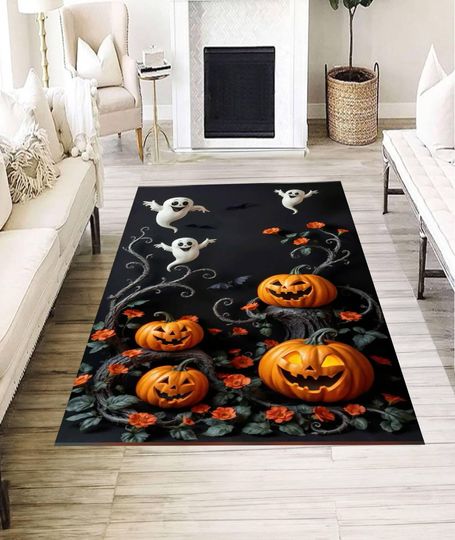Discover Halloween rug, spooky pumpkin carpet, cute ghost floor mat, haunted house decor, festive fall holiday rug, party accent for living room