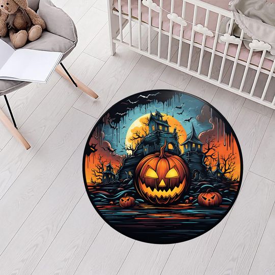 Discover Spooky Halloween Rug: Haunted House, Jack-O'-Lantern (Digital Art Print