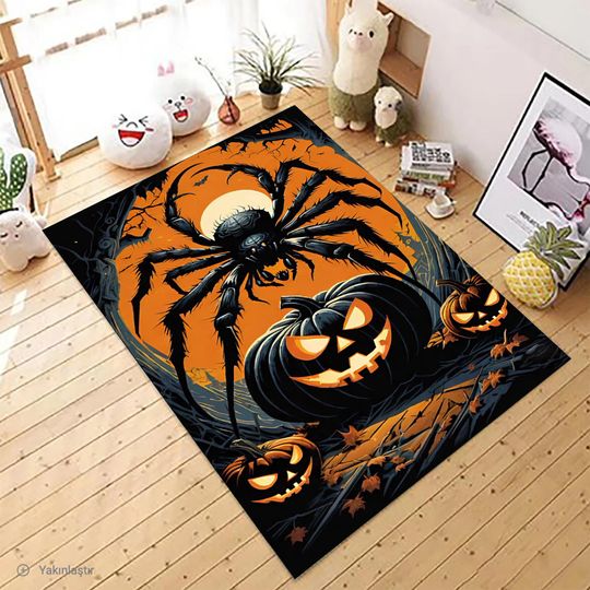 Discover Halloween Rug, Spider Pumpkin Area Rug, Washable Non Slip Carpet, Scary Floor Mat, Living Room Decor, Kids Playroom Rug, Gift for Halloween