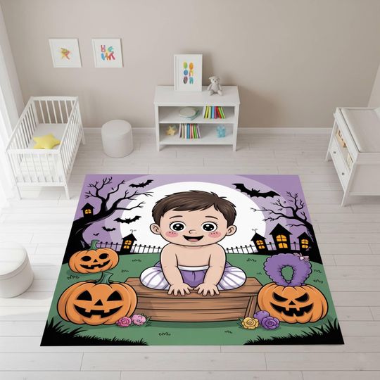 Halloween Baby Rug for Nursery, Pumpkin and Ghost Kids Room Carpet, Toddler Playroom Decor
