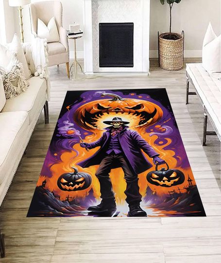 Halloween Pumpkin Wizard Rug, Spooky Magic Carpet for Living Room, Creepy Autumn Floor Mat, Haunted House Decor
