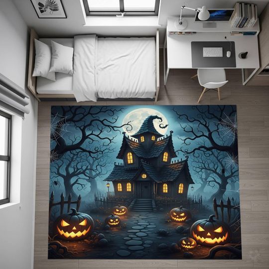 Discover Halloween haunted house rug for teen, spooky pumpkin area carpet, gothic nursery floor mat, haunted playroom decor, scary themed kids rug