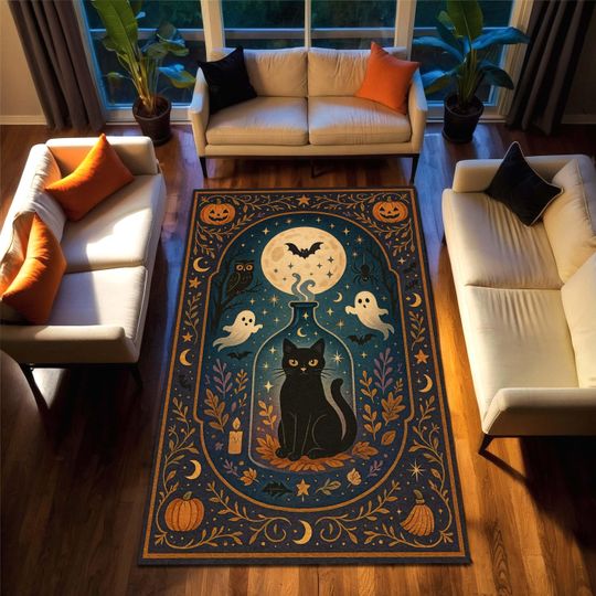 Halloween Cat Rug, Witchy Carpet with Ghosts and Pumpkins, Spooky Black Cat Area Rug for Living Room, Kids Room, Fall Decor