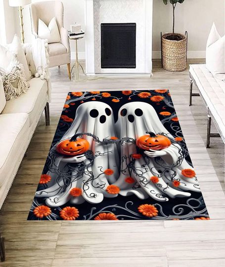 Discover Ghost Couple Rug, Cute Halloween Spirit Carpet, Pumpkin Holding Ghosts Mat, Spooky Floral Decor, Fun Fall Accent for Kids or Family Room