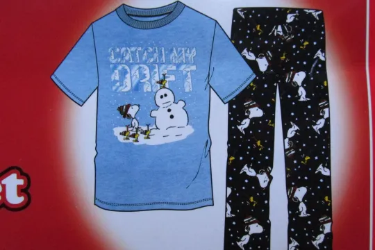 Discover Snoopy Christmas Lounge PJ Sleep Pants T Shirt Peanuts Medium Set 2 Pajama Blue