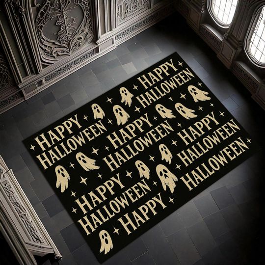 Discover Happy Halloween Ghost Rug  Black Carpet with Ghost and Star Pattern  Spooky Cute Floor Mat for Festive or Witchcore Home Decor