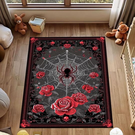 Discover Spider Web Rug,Red Rose Rug,Black Widow Rug,Gothic Spider Rug,Skull Border Rug,Dark Floral Rug,Halloween Rug,Web Pattern Rug,Gothic Rug
