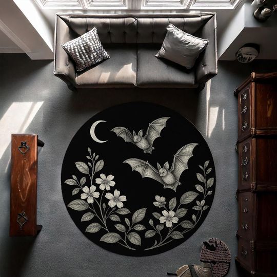 Gothic Bat Round Rug, Black and White Flying Bat Carpet with Flowers and Moon, Halloween