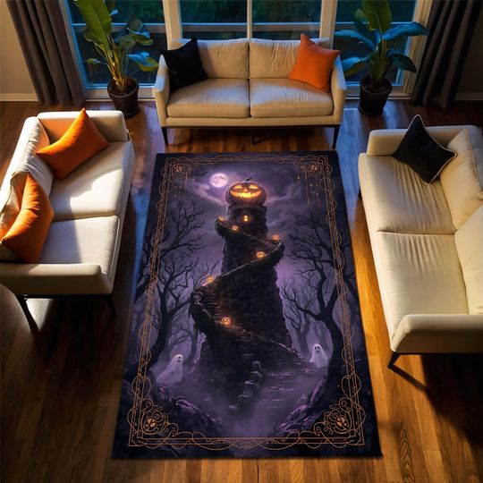 Halloween Haunted Tower Area Rug, Gothic Pumpkin Moon Carpet, Spooky Living Room Decor, Witchy Dark Forest Ghost Aesthetic Floor Mat