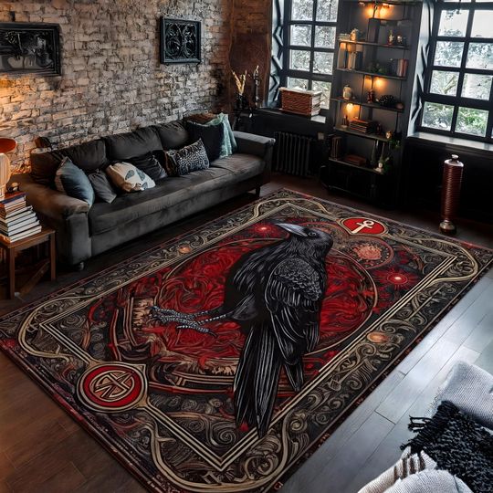 Raven Rug For Goth Room, Dark Academia Crow Rug, Cottegore Home Decor, Gothic Rug For Witchy Room, Halloween Rug,