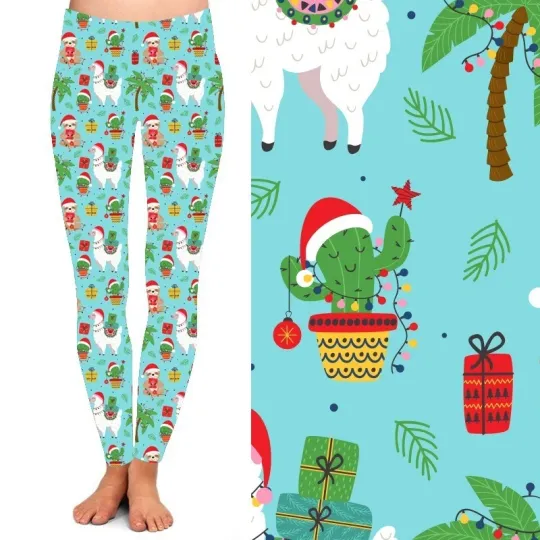 Discover Llama Sloth Cactus Christmas Tree Holiday Womens Leggings TC2 Ex Plus Size 20-24