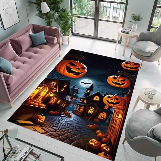 Discover Halloween Rug, Spooky Pumpkin Carpet, Haunted House Area Rug, Washable Rug, Non-Slip Floor Mat, Fall Decor, Living Room Halloween Accent,