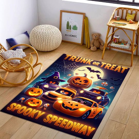 Halloween Car Rug with Pumpkin Design for Kids Room, Spooky Speedway Play Mat, Halloween Home Decor
