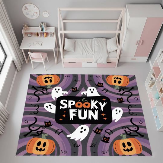 Halloween Spooky Fun Rug, Ghost and Pumpkin Kids Carpet, Nursery Playroom Floor Mat, Holiday Decor Rug for Kids Room
