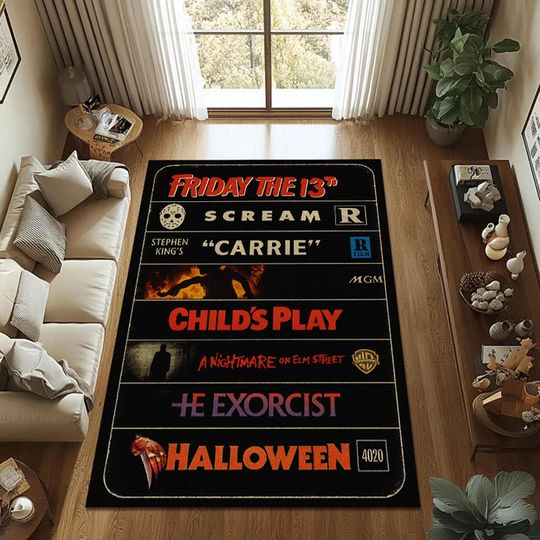 Vintage Horror Movie Rug – Halloween, Nightmare on Elm Street, Scream, Carrie, Child's Play, The Exorcist Gothic Spooky Home Decor Carpet