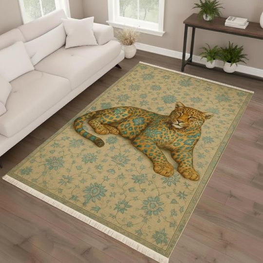 Discover Leopard Rug with Floral Background, Exotic Animal Print Washable Cotton Carpet with Non Slip Base Custom Size 331