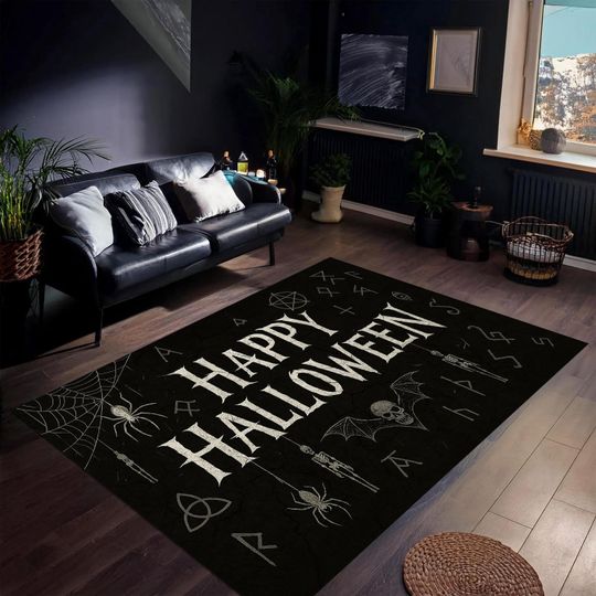 Happy Halloween Gothic Black Rug with Spiders, Bats, and Skulls for Haunted House or Party Decor