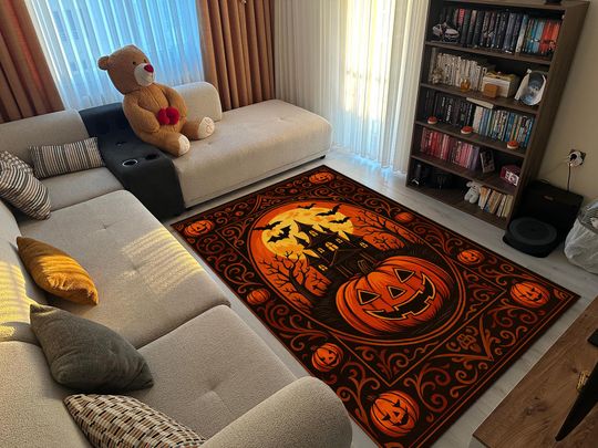 Discover Halloween Pumpkin Rug with Haunted House and Bats, Spooky Jack-O-Lantern Fall Welcome Mat for Seasonal Decor
