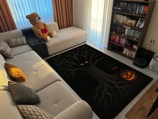 Gothic Halloween Black Rug with Creepy Tree Eyes and Glowing Pumpkin for Haunted Decor