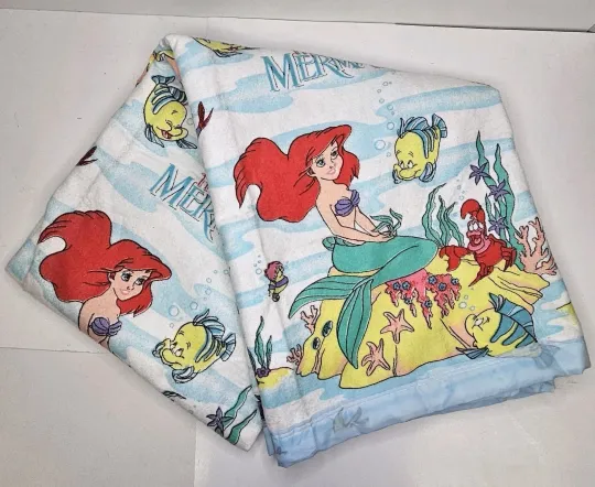 Discover 90’s The Little Mermaid Disney Satin Trim FULL? Blanket Ariel Flounder 72 x 87in