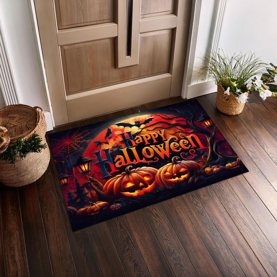 Discover Pumpkin Bat Halloween Rug, Web & Spooky Area Rug, Dark Academia Door Mat, Halloween Home Decor