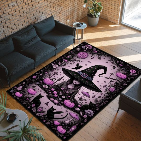 Discover Witchcore Rug, Pink Halloween Mat, Gothic Girl Carpet, Fantasy Decor Rug, Cottagecore Witch Rug, Feminine Fall Carpet, Pumpkin Rug