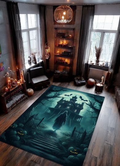Haunted House Halloween Rug, Spooky Carpet, Witchy Home Decor, Goth Living Room, Bats and Ghosts Rug