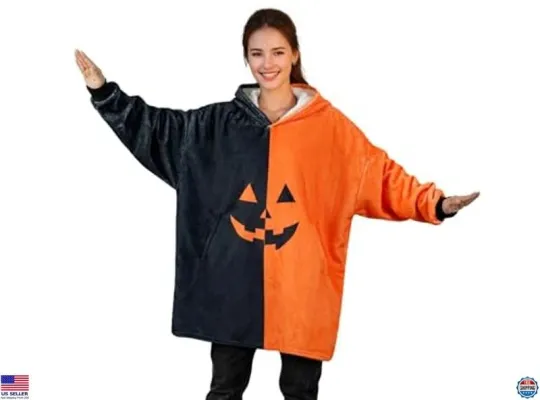 Oversized Flannel Wearable Blanket Hoodie - Spooky Pumpkin Halloween Gift
