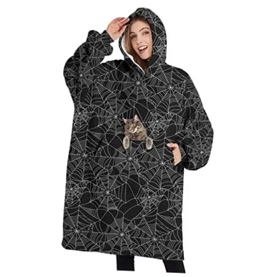 Wearable Oversized Blanket,Sherpa Blanket Hoodie One Size Halloween Spider Web