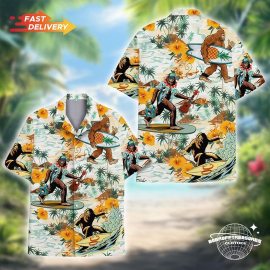Discover Bigfoot Surfing Hawaiian Shirt, Vibrant Tropical Print Beachwear for Summer Parties, Gift for Men and Women