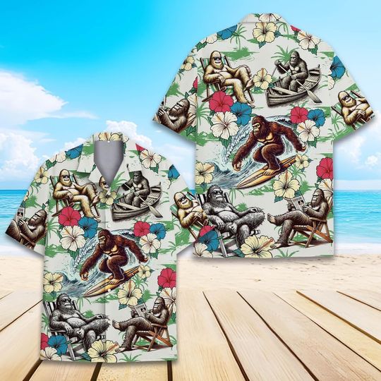 Discover Tropical Bigfoot Hawaiian Shirt Men Women, Hibiscus & Bigfoot Surfing Hawaiian Shirt, Summer Aloha Button Up, Bigfoot Shirt, Bigfoot Lovers
