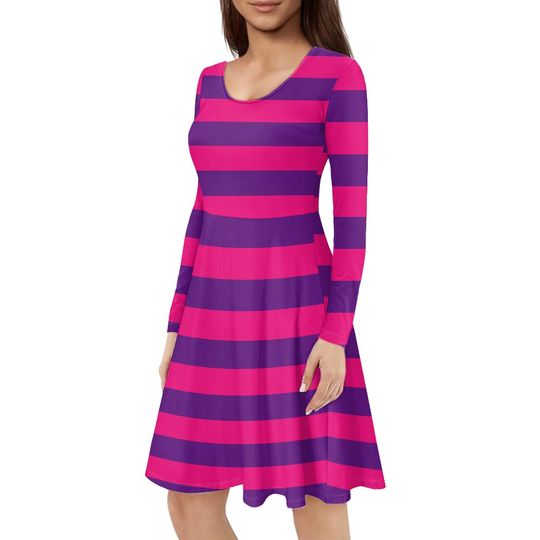 Alice in Wonderland Cheshire Cat Long Sleeves Dress Adult Halloween Costume Cosplay Dress Mad Hatter Tea Party Running Costume Half Marathon