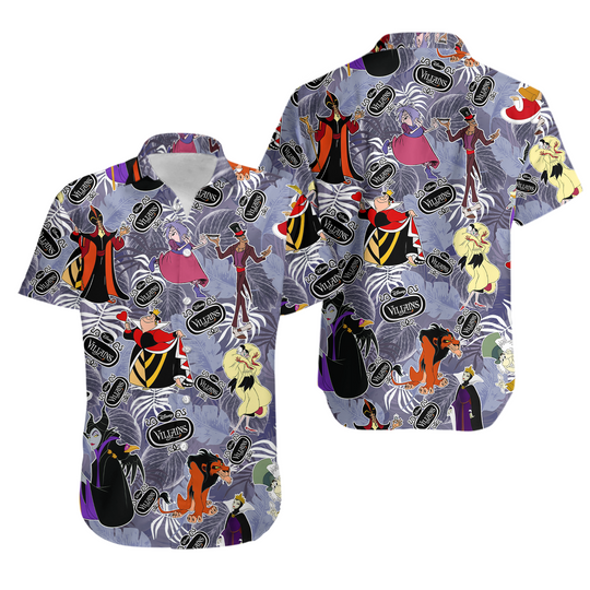 Disney Villains Characters Button Shirt, Halloween Evil Queen Hawaiian Shirt, Spooky Shorts Men, Ursula Maleficent Scar Jafar Shirt