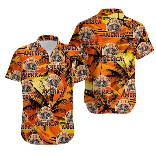 Retro Trump Beach Sunset Gulf Of America Tropical Palm Tree Aloha Hawaiian Shirt