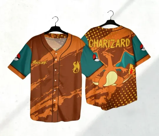 Charizard Baseball Jersey Shirt Japanese Anime Jersey Shirt Gift