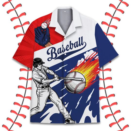 Baseball Hawaiian Shirt Men Women Youth, Home Run Batter Fireball Print Shirt for Baseball Fans, Game Day Summer Vacation Button Up Shirt