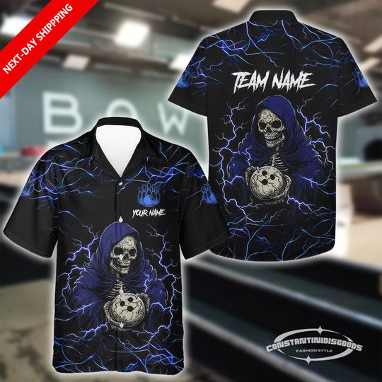 Discover Personalized Lightning Thunder Skull Bowling Hawaiian Shirt, Black & Blue Design for Mens Team Spirit, Custom Shirt for Bowling Team Gifts