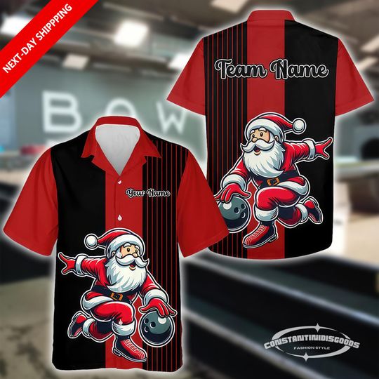 Personalized Black And Red Bowling Hawaiian Shirt, Custom Funny Santa Christmas Team Uniform Button Up Gift for Bowling Enthusiasts