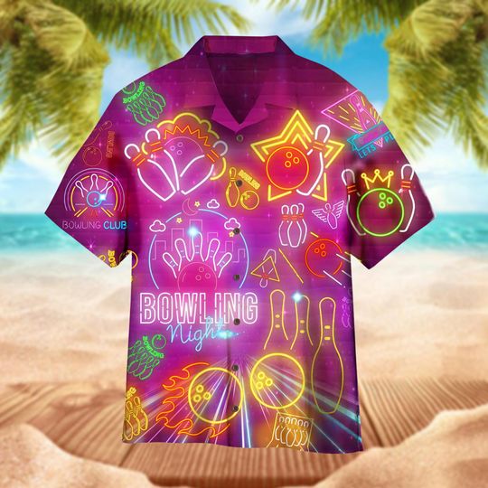 Discover Neon Bowling 3D Hawaiian Shirt for Men Women, Vibrant Retro Bowling & Cocktail Shirt, Bowling Team Shirt, Bowling Party Shirt, Bowler Gift
