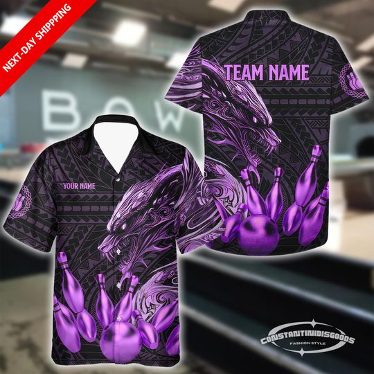 Discover Personalized Black And Purple Hawaiian Shirt, Retro Dragon Tribal Bowling Team Button Up, Custom Retro Button Up for Bowling Team Gifts