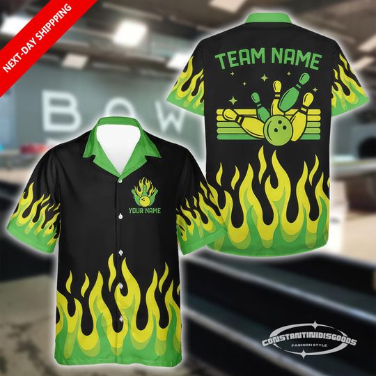 Discover Personalized Flame Retro Bowling Hawaiian Shirt, Custom Black and Green Team Shirt for Bowling Events, Gift for Bowling Enthusiasts