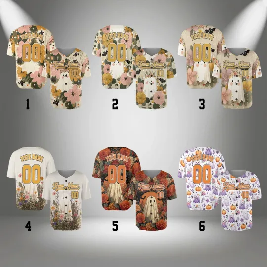 Customized Halloween Fall Ghost Baseball Jersey, Floral Halloween Jersey Shirts
