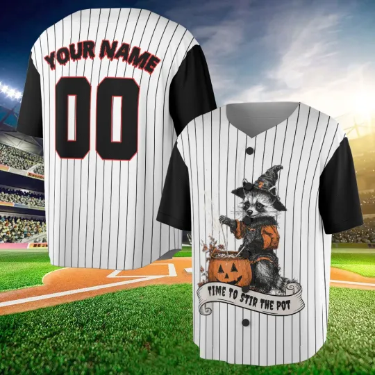Discover Custom Time To Stir The Pot Baseball Jersey Halloween Raccoon Witch Jersey Shirt