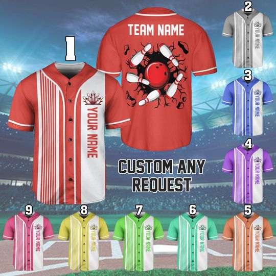 Personalized Bowling Baseball Jersey Custom Strike Design Shirt with Name and Team, Nice Classic Bowling Team Uniform Gift for Bowlers