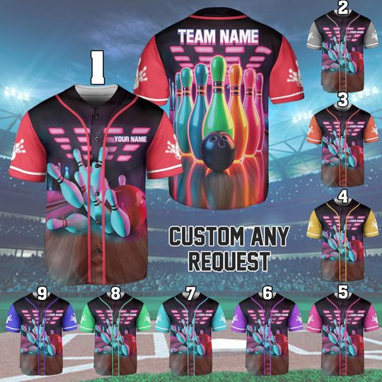 Personalized Neon Bowling Baseball Jersey, Custom Name Team Bowling Shirt Matching Uniform Bowling Lover Gift, Unisex Bowling Team Outfit