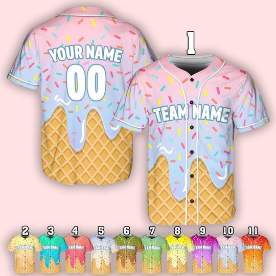 Custom Ice Cream Baseball Jersey  Personalized Name, Number & Team Shirt  Dripping Sprinkle Waffle Cone Button-Up for Kids, Teens n Adults