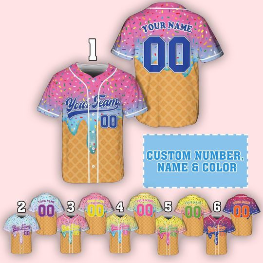 Custom Ice Cream Sprinkle Jersey  Personalized Name, Number & Team Baseball Shirt  Waffle Cone Drip Button-Up for Kids, Teens and Adults