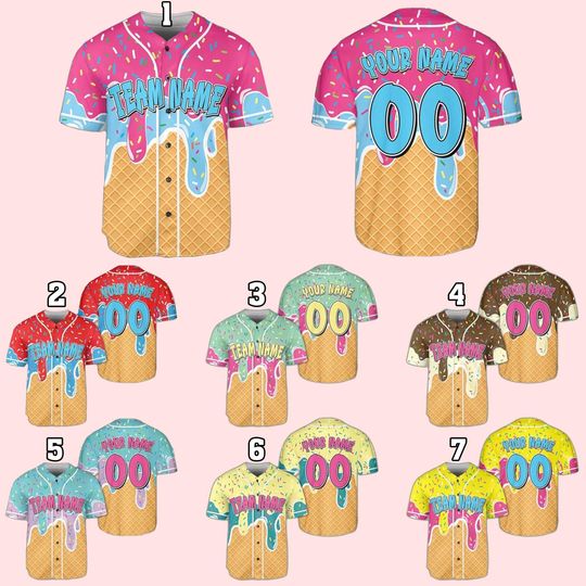 Custom Ice Cream Drip Jersey  Personalized Name, Number & Team Shirt  Waffle Cone Button-Up Baseball Style for Kids, Teens and Adults