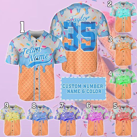 Custom Ice Cream Baseball Jersey  Personalized Name, Number & Team  Dripping Waffle Cone Button-Up Shirt for Kids, Teens and Adults
