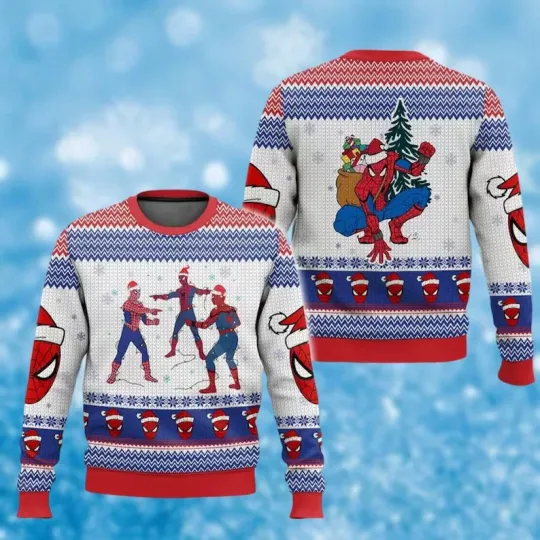 Three Spiderman Meme Ugly Sweater, Spiderman Xmas Sweater